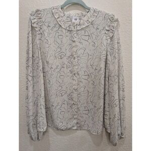Cabi Blouse Long Sleeve M Scribble Print Ruffle Blouse Cream Bishop Sleeve Light